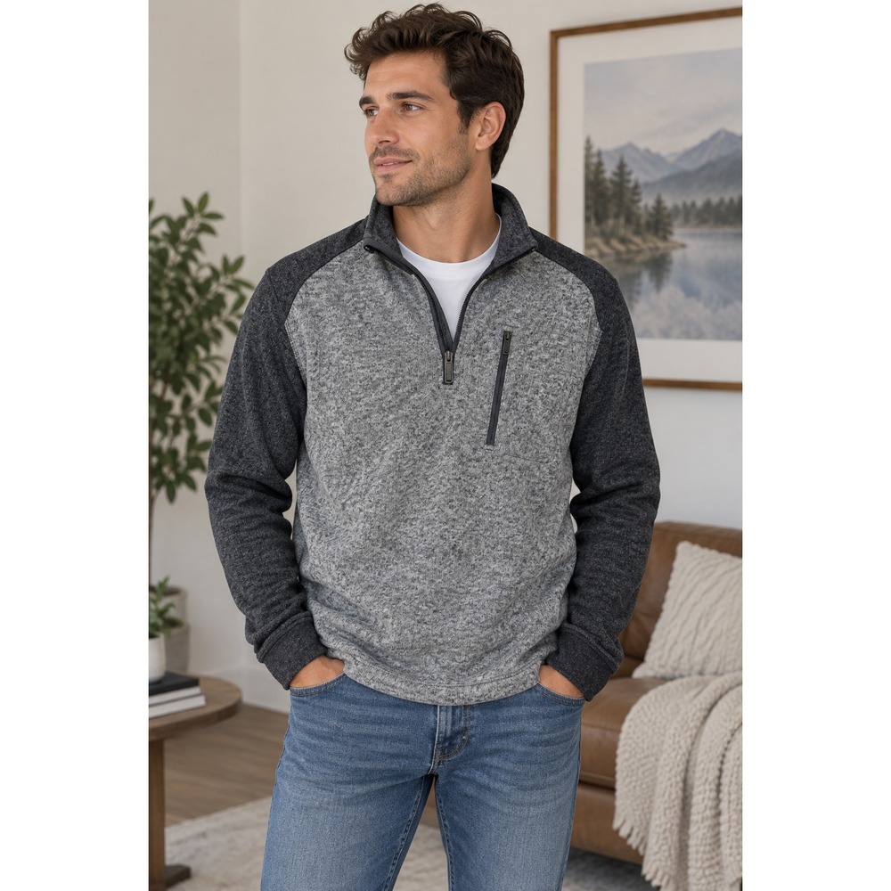 Woolrich Men's  1/4 Zip Gray Fleece Pullover Sweater Front Pocket Hiking Winter